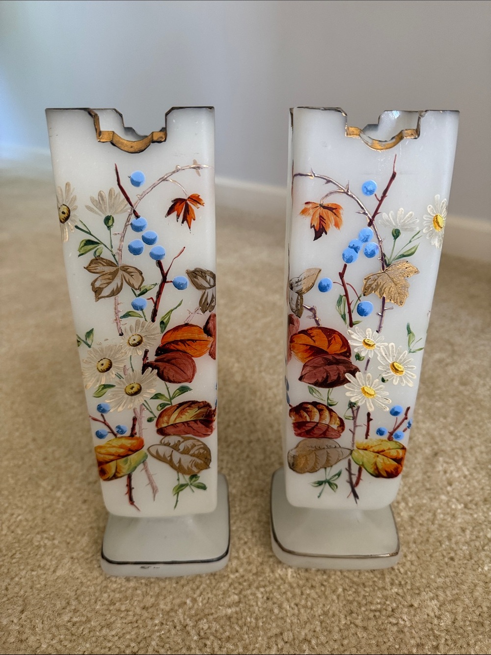 Hand-Painted Vintage Milk Glass Vases with Autumn Leaf Accents - Set of 2